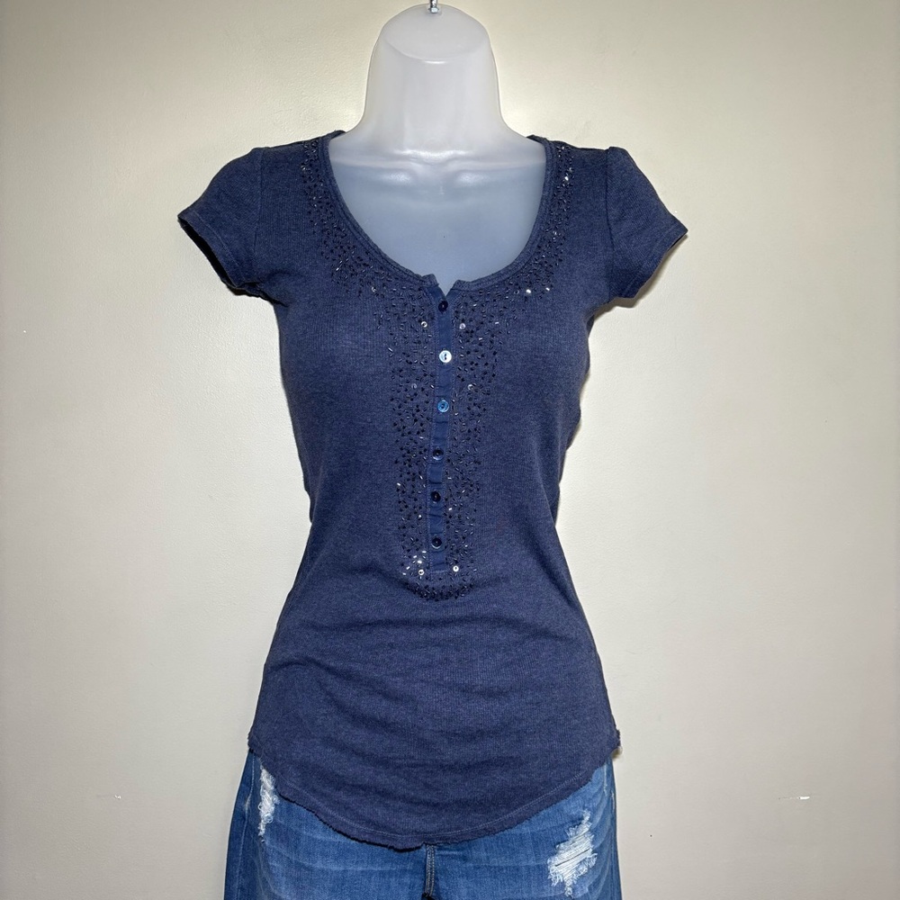 Next Era Blue Fitted Ribbed Knit Buttoned T-Shirt Beads Sequins Casual Women’s S